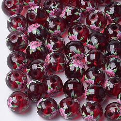 Perles de verre transparentes imprimées et peintes au pistolet, ronde avec motif de fleurs, rouge foncé, 8~8.5x7.5mm, Trou: 1.4mm