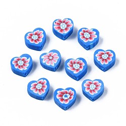 Handmade Polymer Clay Beads, Heart with Flower Pattern, Dodger Blue, 9x9~10x4~5mm, Hole: 1.5mm