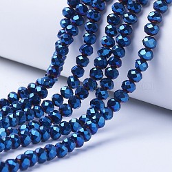 Placcare trasparente perle di vetro fili, pieno placcato, sfaccettato, rondelle, blu placcato, 3.5x3mm, Foro: 0.4 mm, circa 123~127pcs/filo, 13.78 pollice ~ 14.17 pollici (35~36 cm)