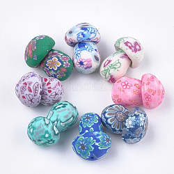 Perles en pâte polymère manuel, demi-percés perles, champignon avec fleur, couleur mixte, 16.5~19.5x11~13x11~13mm, demi-trou: 0.7~1 mm