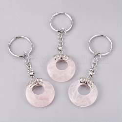 Porte-clés quartz rose naturel, avec porte-clés en fer plaqué platine et accessoires en alliage, plat rond, 84mm