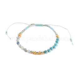 Adjustable Nylon Thread Braided Bead Bracelets, with Natural Aquamarine & Synthetic Turquoise(Dyed) Beads, Glass Seed Beads and Brass Beads, Real 18K Gold Plated, 2-3/8~3-7/8 inch(5.9~10.1cm)