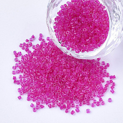 Perline cilindriche di vetro, perline semi, colori all'interno, foro rotondo, rosa intenso, 1.5~2x1~2mm, Foro: 0.8 mm, circa 8000pcs/scatola, su 85~95 g / borsa