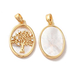 Brass Shell Pendants, with Cubic Zirconia, Oval with Tree of Life Pattern, Real 18K Gold Plated, 21.5x14x3mm, Hole: 3.4x2mm