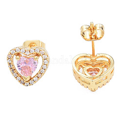 Серьги-гвоздики в форме сердца из кубического циркония, золотые латунные украшения для женщин, без никеля , розовый жемчуг, 10x10.5 мм, штифты : 0.7 мм