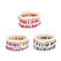 Ensemble de bracelets extensibles en perles heishi en argile polymère faits à la main, mot d'amour bracelets de perles acryliques, bracelets de perles naturelles et de perles d'hématite synthétiques pour femmes, couleur mixte, diamètre intérieur: 2-1/8~2-3/8 pouce (5.5~6 cm), 5 pièces / kit