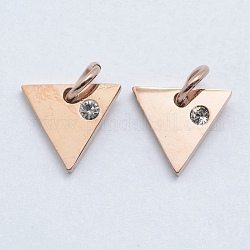 316 Surgical Stainless Steel Pendants, with Cubic Zirconia, Triangle, Clear, Real Rose Gold Plated, 9.5x10.5x2mm, Hole: 3mm