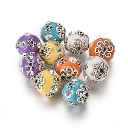 Perles Indonésiennes manuelles, avec strass en cristal et accessoires en métal, ronde, argent antique, couleur mixte, 15.5~17x16~17mm, Trou: 2mm