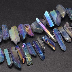 Electrolíticos de cuarzo natural de cristal hebras, pepitas, forma de colmillo, color de ab, teñido, azul oscuro, 7~15x18~60mm, agujero: 1 mm, aproximamente 46 pcs / cadena, 16 pulgada