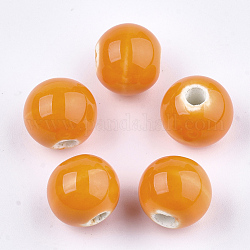 Abalorios de porcelana hechas a mano, porcelánico esmaltado brillante, redondo, naranja oscuro, 8~8.5x7.5~8mm, agujero: 1.5~2 mm