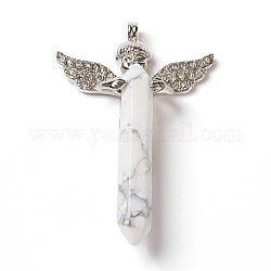 Natural Howlite Big Pendants, with Rhinestone and Brass Findings, Angel with Bullet, Platinum, 53.5~56x34x9.5~10.5mm, Hole: 2mm