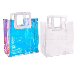 Bolsa transparente láser de pvc de 2 colores, bolso de mano, con asas de piel sintética, para regalo o embalaje de regalo, Rectángulo, blanco, Producto terminado: 32x25x15cm, 1pc / color, 2 PC / sistema