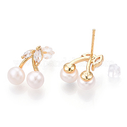 Natural Pearl Stud Earrings with Cubic Zirconia, Brass Cherry
 Earrings with 925 Sterling Silver Pins, Cadmium Free & Nickel Free & Lead Free, Real 18K Gold Plated, 13x12mm, Pin: 0.8mm