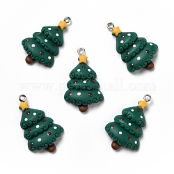 不透明樹脂ペンダント  プラチナトーンの鉄ループ付き  クリスマスツリー  濃い緑  32.5x20x5mm  穴：2mm