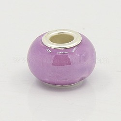 Perline europeo porcellana fatto a mano, con colore argento due nuclei in ottone, rondelle, medio orchidea, 15x10~11mm, Foro: 5 mm