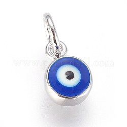 Encantos de latón esmaltado, con anillo de salto, mal de ojo, azul, Platino, 8x6x4mm, agujero: 3.5 mm