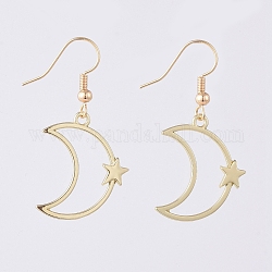 Boucles d'oreilles avec pendentif en alliage, avec crochets en laiton plaqué or véritable 18k, la lune et les étoiles, 41.5mm, pin: 0.7 mm