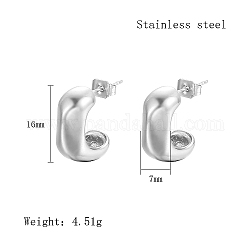 304 Stainless Steel Stud Earrings, Rectangle Half Hoop Earrings, Stainless Steel Color, 16x7mm