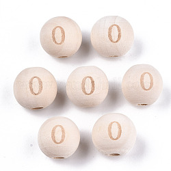 Perles européennes en bois naturel non fini, Perles avec un grand trou   , motif gravé au laser, rond avec numéro, num. 0, 15~16x14~15mm, Trou: 4mm