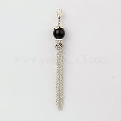 Glass Pearl Tassel Pendant Decorations, with Iron Chains, Brass Rhinestone Beads and Alloy Lobster Claw Clasps  , Black, 90~95mm
