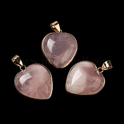 Pendentifs de quartz rose naturel, breloques de coeur, avec des accessoires en fer doré et en laiton, 29x24~24.5x6~6.5mm, Trou: 7~7.3x3.8~4.3mm
