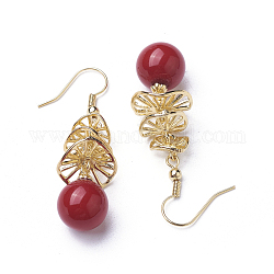 Pendientes de concha de perla sintética., con fornituras de latón, redondo, rojo, 49mm, pin: 0.5 mm