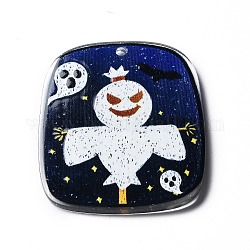 Halloween Theme Opaque Printed Acrylic Pendants, Trapezoid Charms, Ghost, 42x36x2mm, Hole: 2mm