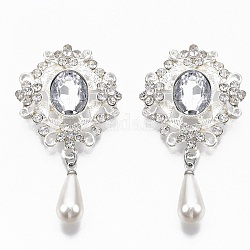 Alloy Cabochons, with Acrylic Rhinestone and Crystal Rhinestone & ABS Plastic Imitation Pearl Beads, Faceted, Flower, Silver, 54x29x5mm