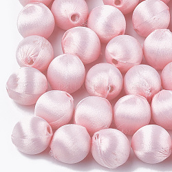 Perles recouvertes de tissu de fil de polyester, avec abs plastique, ronde, rose, 12x13mm, Trou: 2mm
