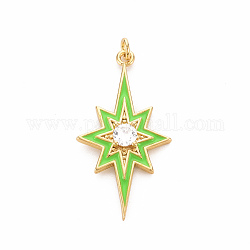 Brass Micro Pave Clear Cubic Zirconia Pendants, with Enamel and Jump Ring, Cadmium Free & Nickel Free & Lead Free, Star, Real 16K Gold Plated, Lawn Green, 34.5x18x4mm, Jump Ring: 4.5x0.8mm, 2.9mm inner diameter