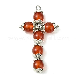 Natural Carnelian Copper Wire Wrapped Pendants, Cross Charms, Platinum, Dyed & Heated, 39x23~24x7mm, Hole: 1.8~2mm