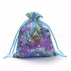 Сумочки из органзы , шнурок сумки, с красочным рисунком коралла, прямоугольные, темные бирюзовый, 12x9 см
