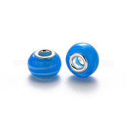 Perles européennes vernissées manuelles, perles de rondelle avec grand trou , en laiton de tonalité de platine noyaux doubles, à rayures blanches, Dodger bleu, 14~16x9~10mm, Trou: 5mm