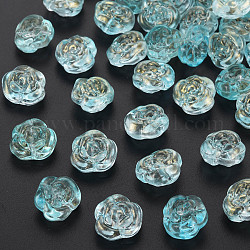 Transparent Glass Beads, Dyed & Heated, with Gold Glitter Power, Rose, Medium Aquamarine, 12.5x14x9mm, Hole: 1.2mm