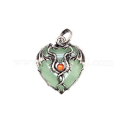 Pendentifs en aventurine vert naturel, breloques coeur avec dragon en métal argenté vieilli, 37x32x9mm