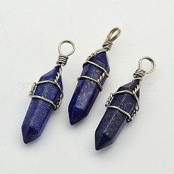 Pendentifs pointus à double extrémité de pierres précieuses en laiton plaqué platine à facettes, lapis-lazuli, 38~42x8~9mm, Trou: 3~6mm