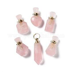 Colgantes de botella de perfume de cuarzo rosa natural, con los fornituras de acero inoxidable de tono dorado, dije difusor de aceite esencial, para la fabricación de la joya, 33~48.5x14~23x11~15mm, agujero: 1.8~2 mm