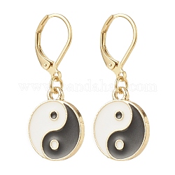 Flat Round with Yin Yang Alloy Enamel Dangle Leverback Earrings, Brass Jewelry for Women, Golden, Black, 33mm, Pin: 0.7x0.9mm