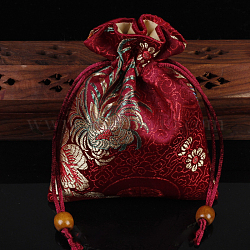 Bolsas de embalaje de joyería de satén con estampado de flores de estilo chino, bolsas de regalo con cordón, Rectángulo, de color rojo oscuro, 14x11 cm