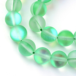 Pietre moon sintetiche perline fili, perle olografiche, tinto, smerigliato, tondo, verde primavera medio, 6mm, Foro: 1 mm, circa 60~62pcs/filo, 14~15 pollice