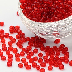 (servizio di reimballaggio disponibile) perline di semi di vetro, trasparente, tondo, rosso, 6/0, 4mm, Foro: 1.5 mm, su 12 g / borsa