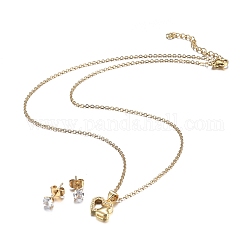 Valentine's Day 304 Stainless Steel Rhinestone Jewelry Sets, Heart with Heart Pendant Necklaces and Stud Earrings, Cable Chains, Lobster Claw Clasps and Ear Nuts, Crystal, Golden, 18.11 inch(46cm), 15x5.5mm, Pin: 0.7mm