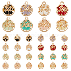 PandaHall Elite 32Pcs 8 Colors Glass Connector Charms, with Alloy Findings, Flat Round with Tree Links, Light Gold, 17~19.5x13.5x5.5mm, Hole: 1.6mm, 4pcs/color