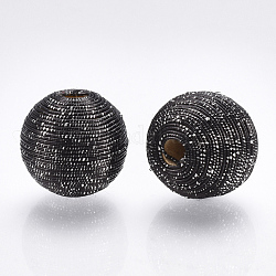 Perles de bois recouvertes de fil de cordon polyester, ronde, noir, 19.5~20.5x19~20mm, Trou: 3.5~4.5mm