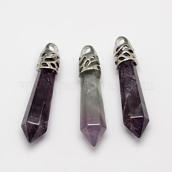 Bullet Natural Amethyst Pointed Pendants, with Platinum Plated Brass Findings, 34~45x8~10mm, Hole: 3mm