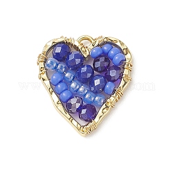 Pendentif en perles de verre et graines du japon, avec de vrais accessoires en alliage plaqué 18k or véritable, cœur, bleu moyen, 22.5x21x4mm, Trou: 1.5mm