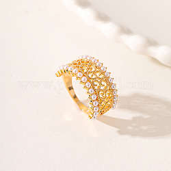 Anillos de banda ancha de latón hueco con perlas de imitación de abs para mujer, real 18k chapado en oro, diámetro interior: 18.1 mm