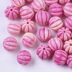 Perles de melon ondulées corail synthétique, teinte, deux tons, rond ondulé, rose chaud, 10~11x11.5mm, Trou: 1.5mm