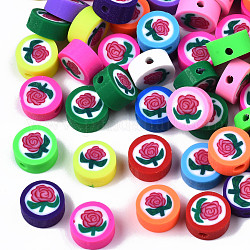 Handmade Polymer Clay Beads, Flat Round with Rose, Mixed Color, 9.5x4~4.5mm, Hole: 1.6mm