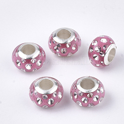 Perles européennes en alliage, Perles avec un grand trou   , avec strass et laiton platine, rondelle, rose chaud, 11.5x8mm, Trou: 5mm